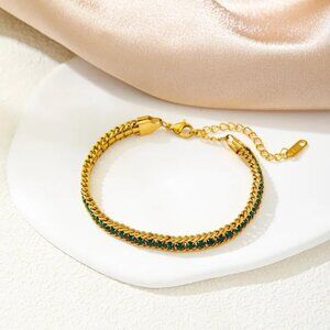 18K Gold Plated Stainless Steel Green Stone Chain Bracelet – Waterproof.